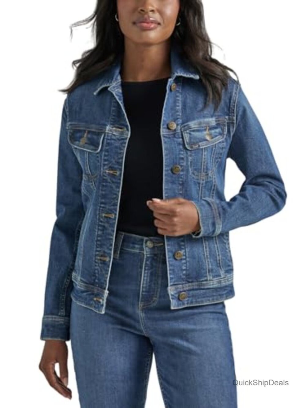 Regular Fit Stretch Denim Jacket Button Front Flap Pockets Classic